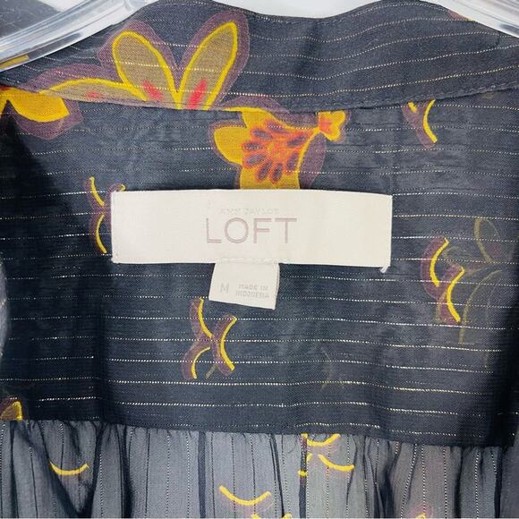 Loft black yellow floral stripe metallic semi sheer popover top medium - Picture 4 of 6